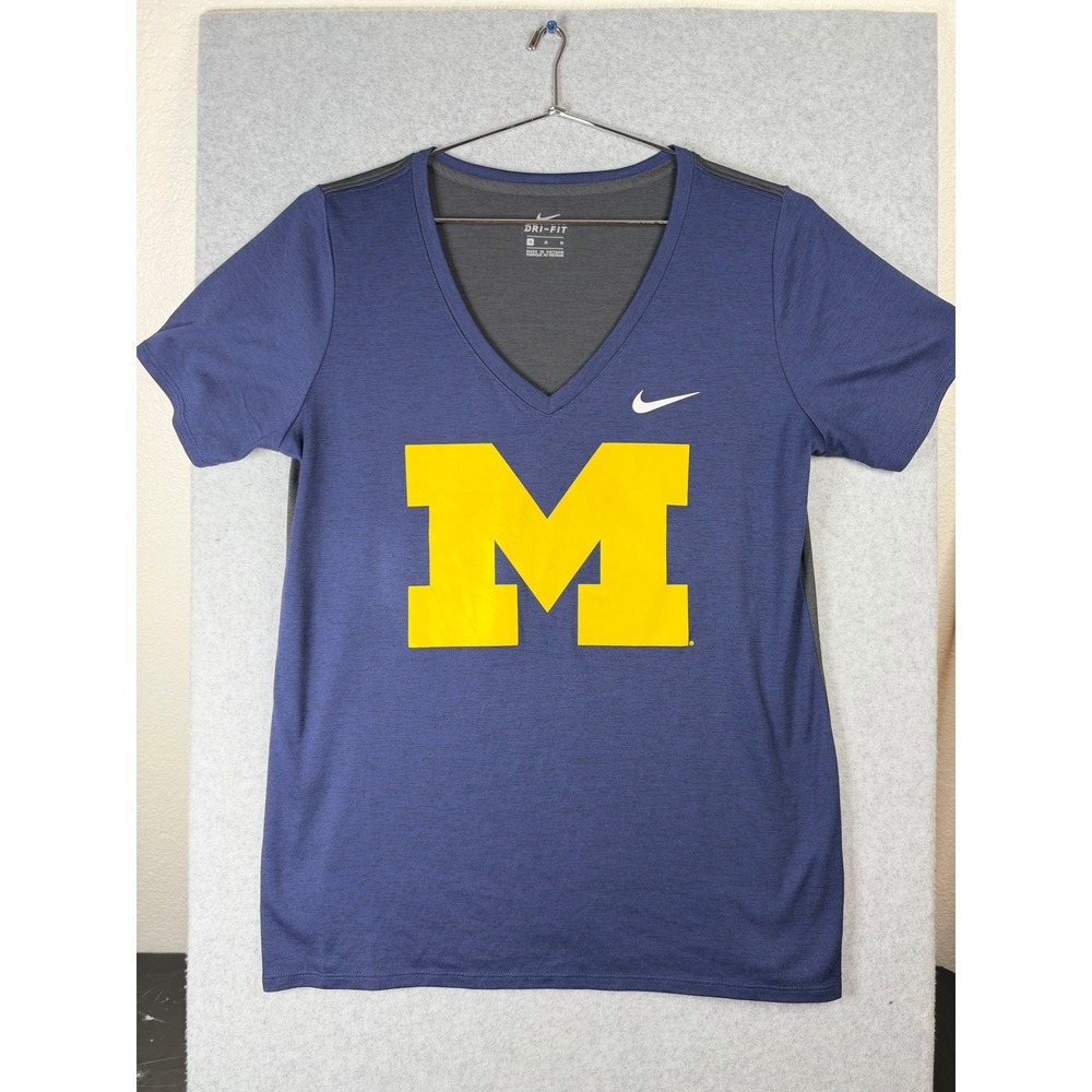 Nike Michigan Wolverines Dri-FIT V-Neck T-Shirt Navy Blue Womens Medium Block M